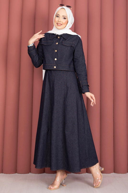 Belted Dress With Epaulet Details - Denim Jacket Set In Navy