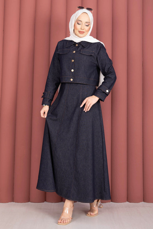 Belted Dress With Epaulet Details - Denim Jacket Set In Navy