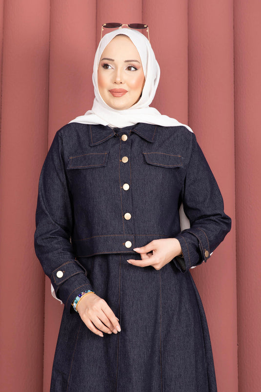 Belted Dress With Epaulet Details - Denim Jacket Set In Navy
