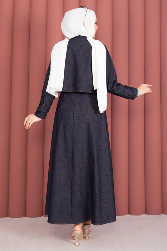 Belted Dress With Epaulet Details - Denim Jacket Set In Navy