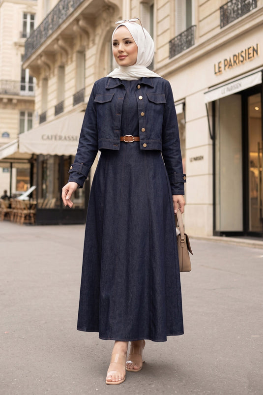 Belted Dress With Epaulet Details - Denim Jacket Set In Navy