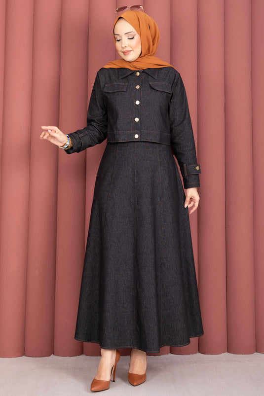 Dress with Epaulet Detail - Jacket and Jeans Two-Piece Set Black