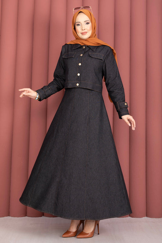 Conjunto de dos piezas con vestido y chaqueta vaquera con detalles de hombreras en negro