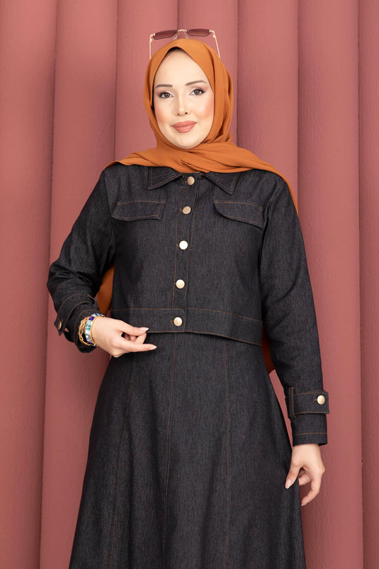 Dress with Epaulet Detail - Jacket and Jeans Two-Piece Set Black