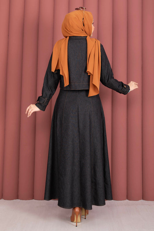 Conjunto de dos piezas con vestido y chaqueta vaquera con detalles de hombreras en negro