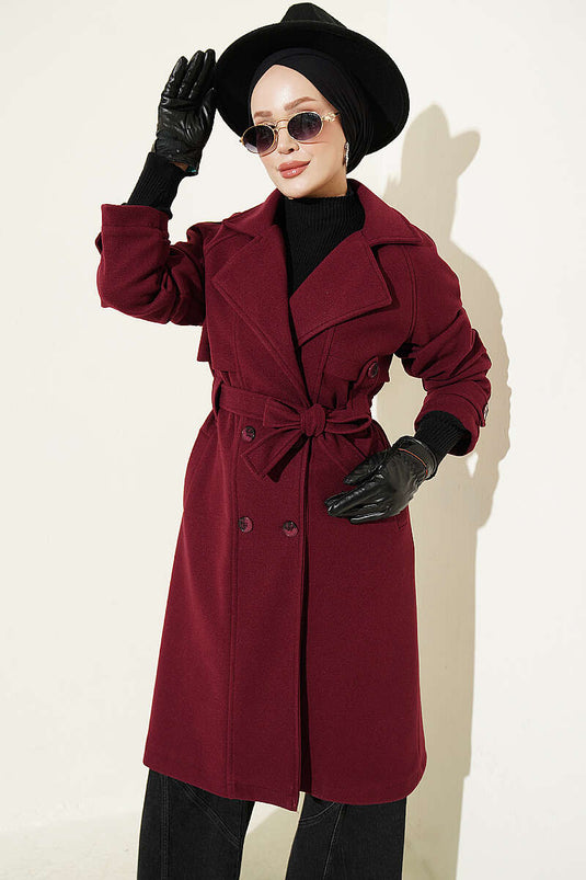 Cappotto Di Lana Borgogna Con Bottoni E Spalline