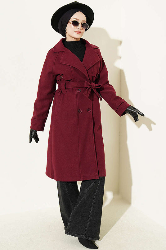 Cappotto Di Lana Borgogna Con Bottoni E Spalline