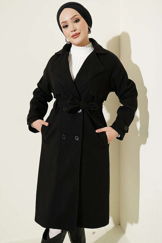 Black Wool Coat With Button Details And Epaulets