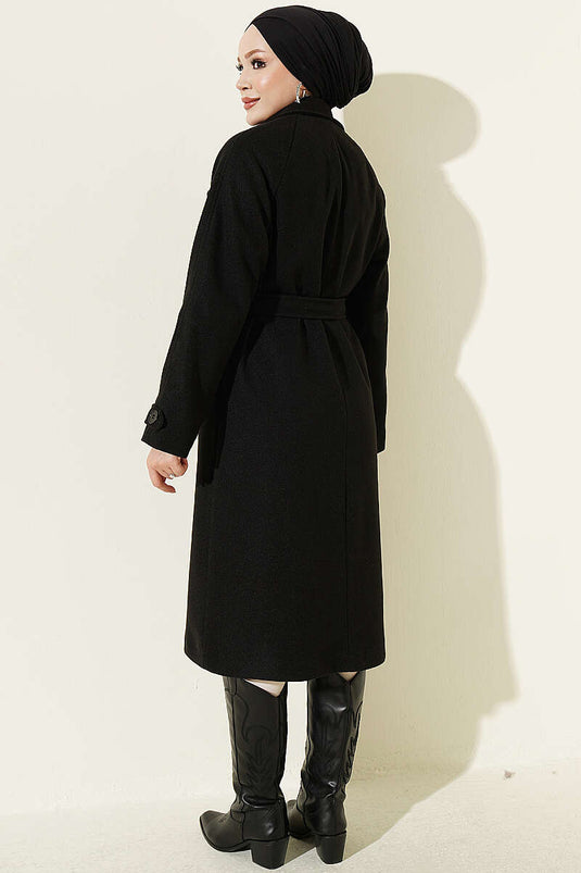 Black Wool Coat With Button Details And Epaulets