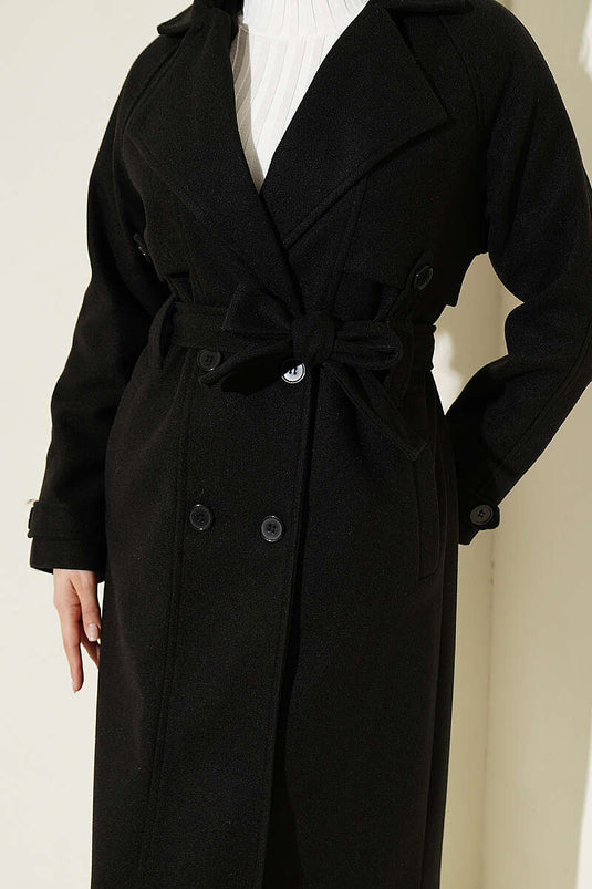 Black Wool Coat With Button Details And Epaulets