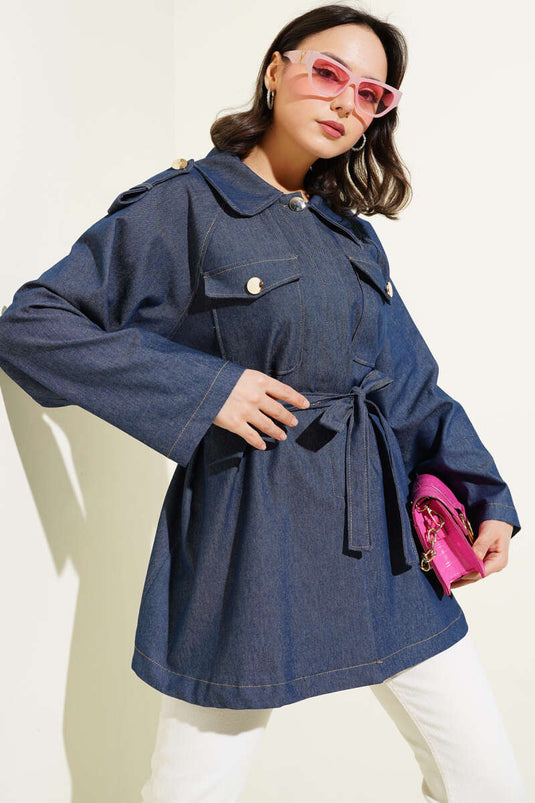 Apoletli Göğüs Cepli Kuşaklı Kot Ceket Koyu Mavi