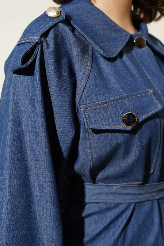 Apoletli Göğüs Cepli Kuşaklı Kot Ceket Koyu Mavi