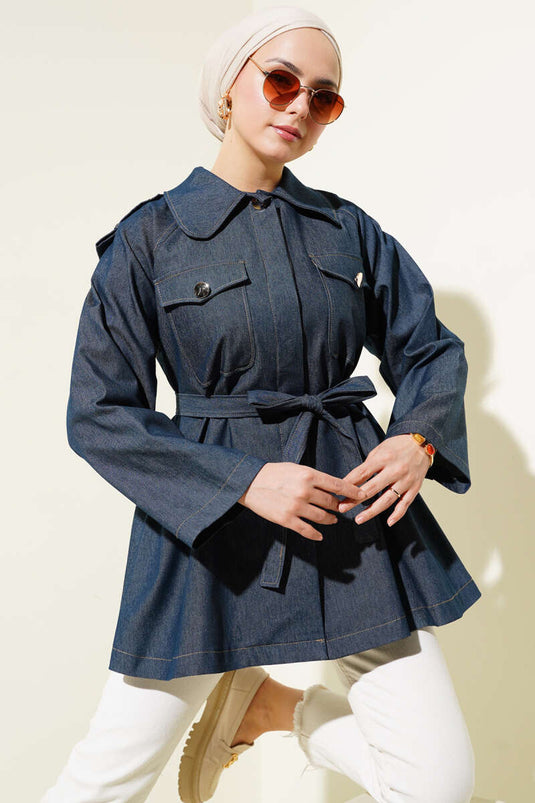 Apoletli Göğüs Cepli Kuşaklı Kot Ceket Yeşil Tint