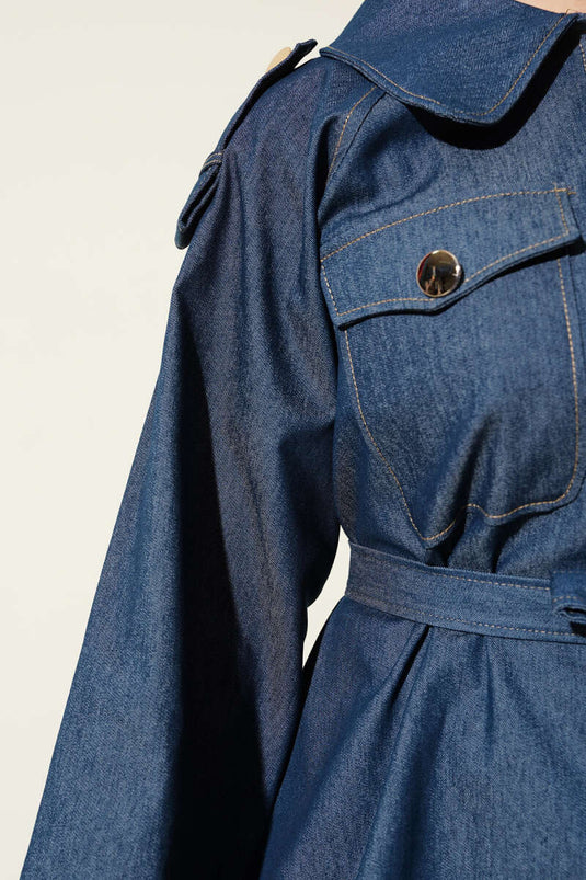 Apoletli Göğüs Cepli Kuşaklı Kot Ceket Yeşil Tint