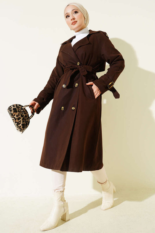 Trenchcoat met dubbele rij knopen en epauletten, bitterbruin