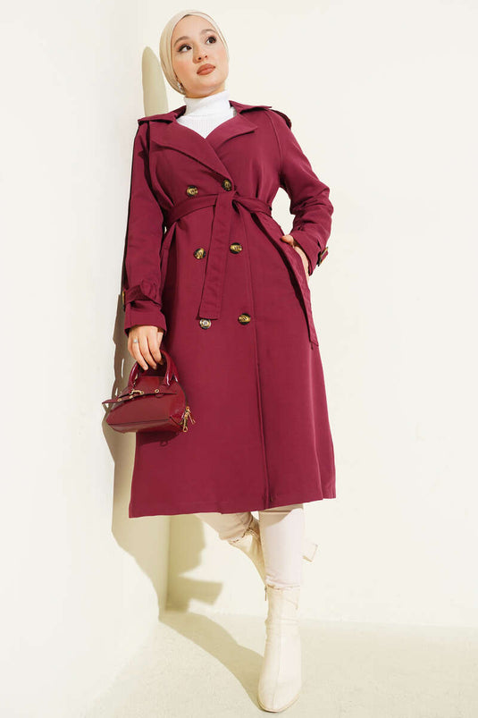 Double-breasted Trench Coat with Epaulettes, Burgundy