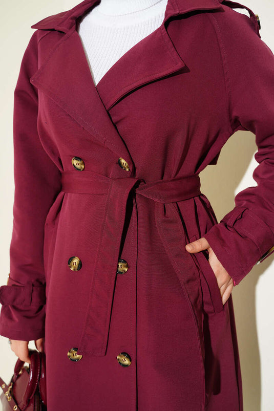 Double-breasted Trench Coat with Epaulettes, Burgundy