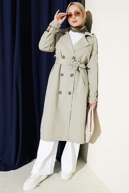 Belted Wrap Collar Trench Coat In Mint Green