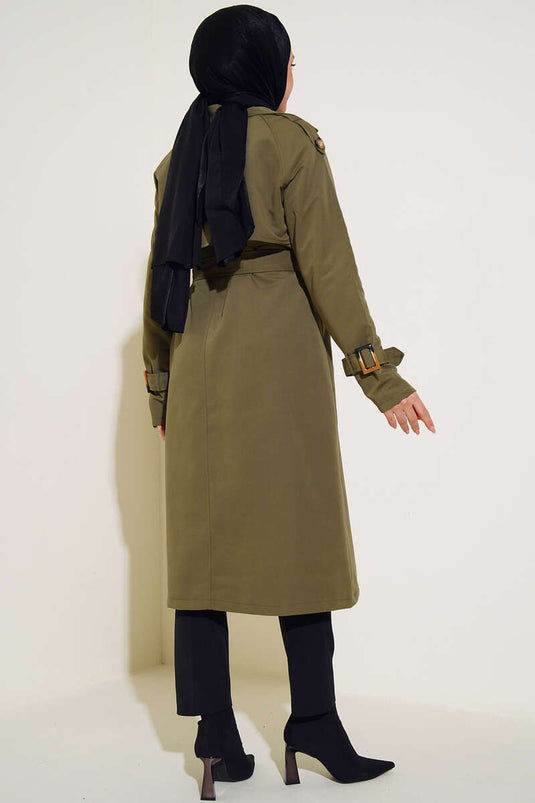 معطف ترنش مزدوج الصدر مع كتاف باللون الكاكي