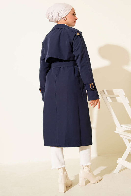Double-breasted Trench Coat with Epaulettes Navy Blue