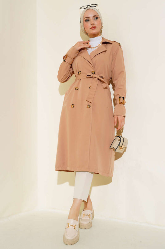 Trenchcoat met dubbele rij knopen en epauletten Latte