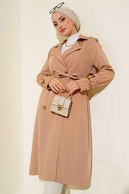 Trenchcoat met dubbele rij knopen en epauletten Latte
