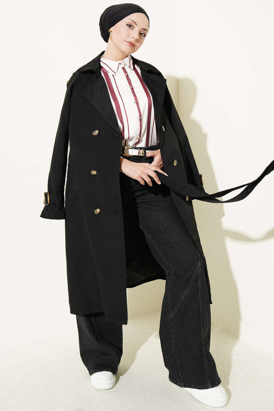 Black Double-Breasted Trench Coat With Epaulets