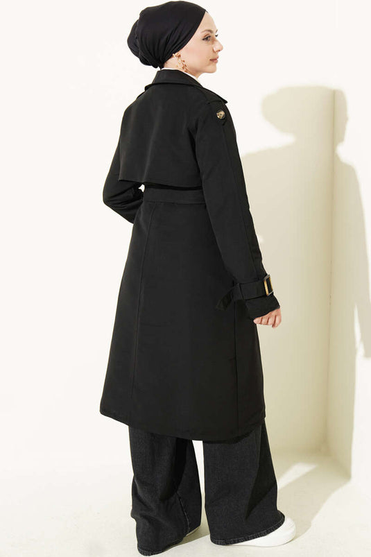 Black Double-Breasted Trench Coat With Epaulets