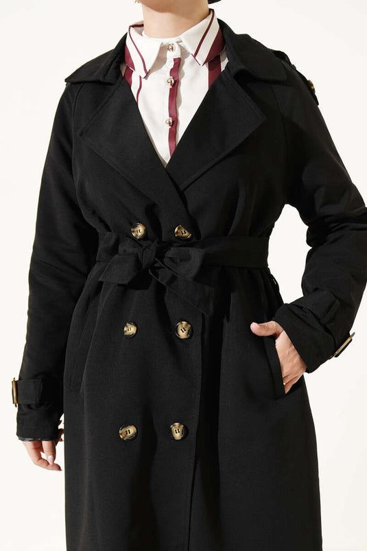 Black Double-Breasted Trench Coat With Epaulets