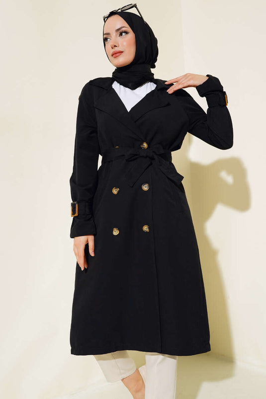 Double-breasted Trench Coat with Epaulettes Black
