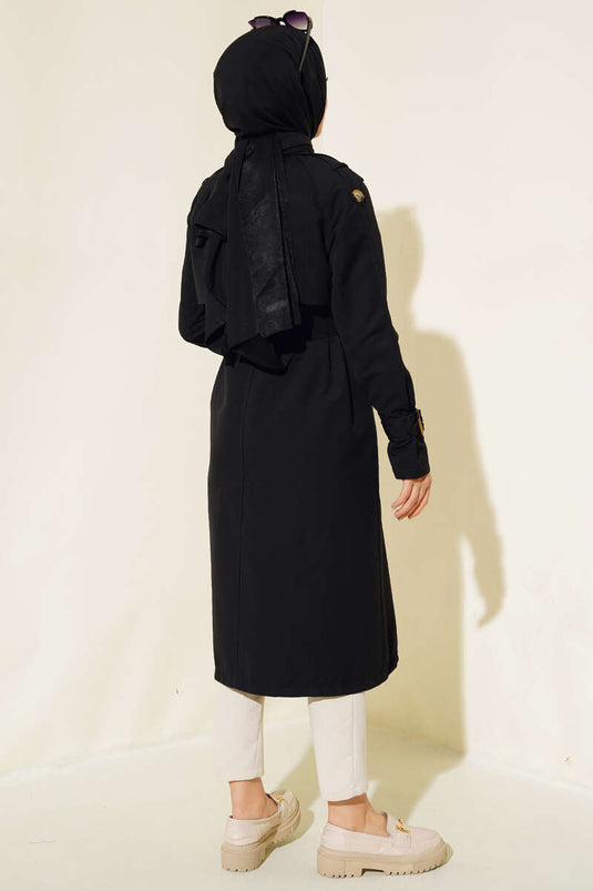 معطف ترنش مزدوج الصدر مع كتاف باللون الأسود