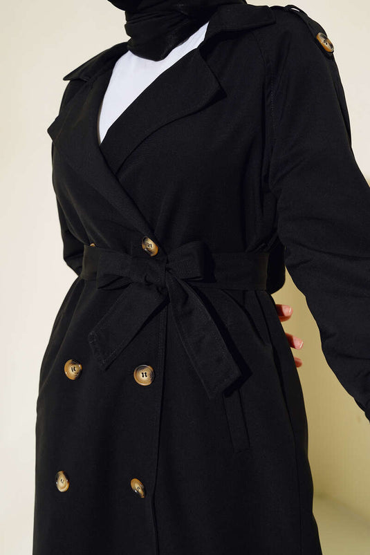 Double-breasted Trench Coat with Epaulettes Black