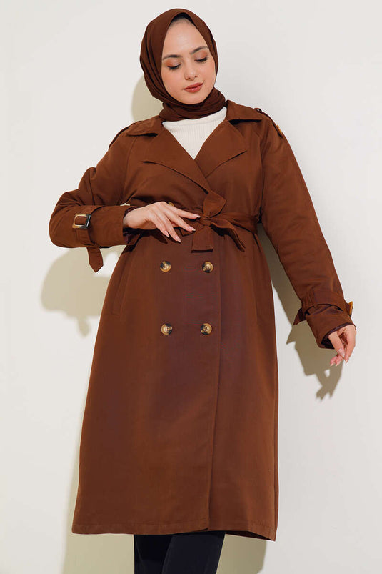 معطف ترنش مزدوج الصدر مع كتاف، لون بني