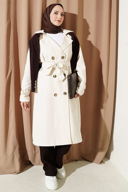 Belted Wrap Collar Trench Coat With Embellishments