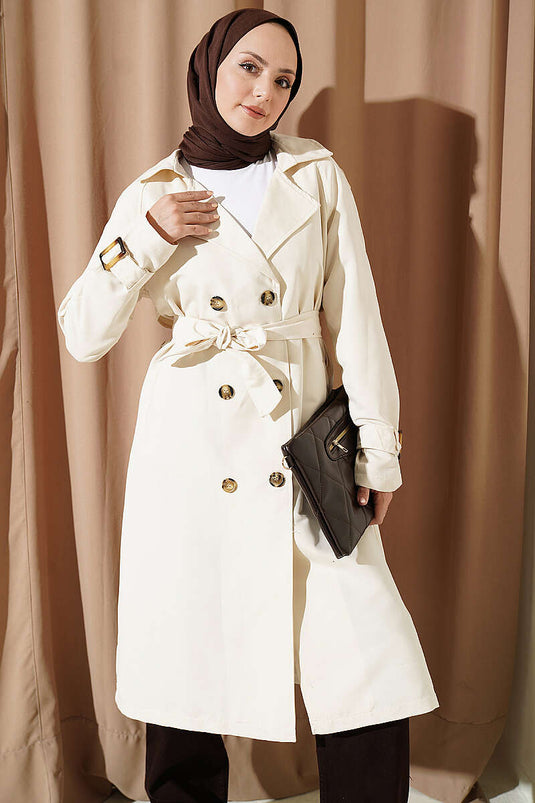Belted Wrap Collar Trench Coat With Embellishments