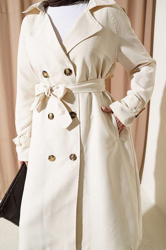 Belted Wrap Collar Trench Coat With Embellishments