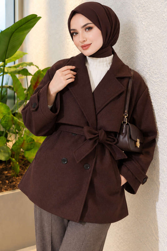 Manteau Court Marron Avec Ceinture Et Détails Épaulette