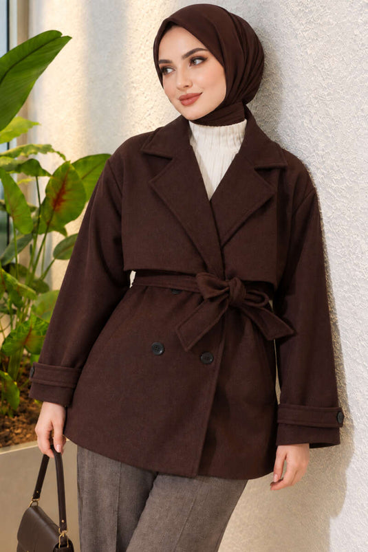 Manteau Court Marron Avec Ceinture Et Détails Épaulette