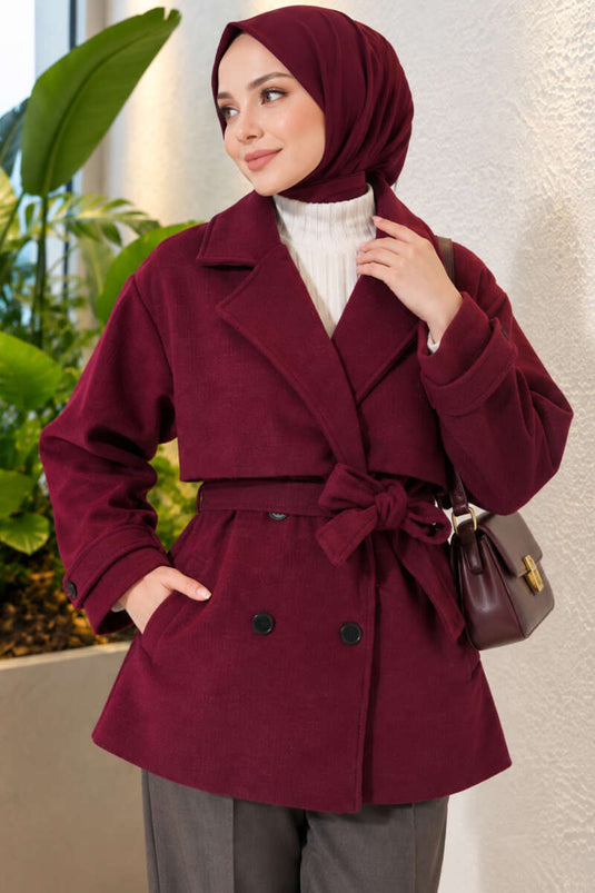 Kurzer Mantel Mit Gürtel Und Schulterdetail In Mauve