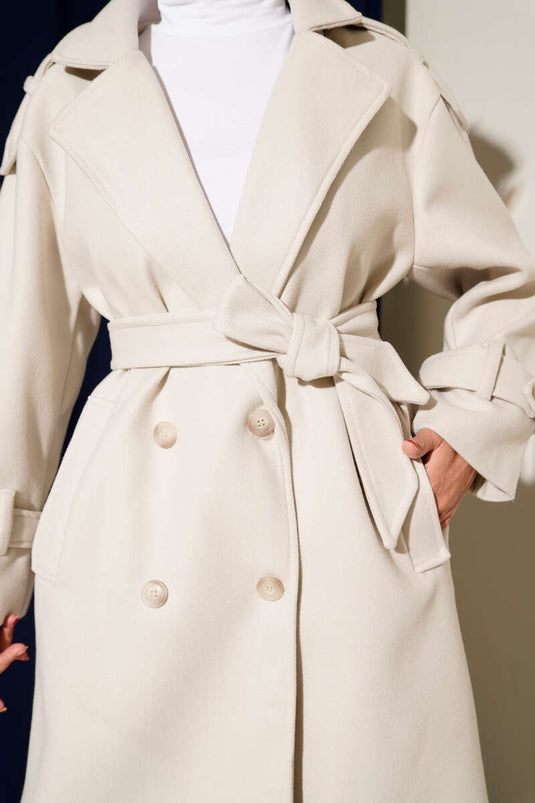 Belted Epauletted Cashmere Coat Beige
