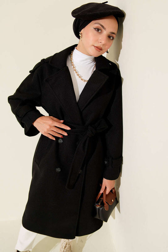 Belted Epauletted Cashmere Coat Black