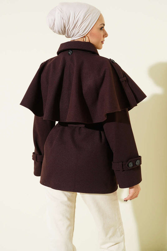 Manteau court en cachemire avec cape à épaulettes, marron foncé.