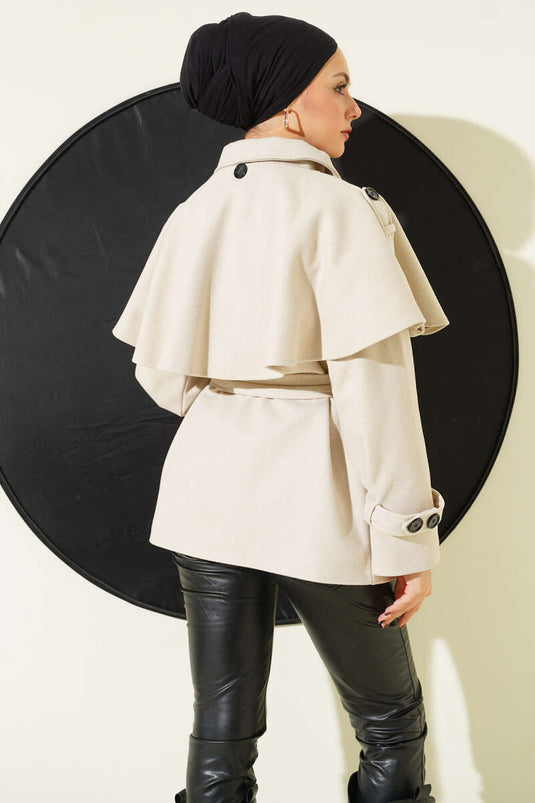 Manteau court en cachemire avec cape à épaulettes, beige.