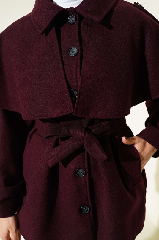 Burgundy Short Cashmere Coat with Epaulette and Cape