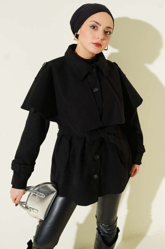 Manteau court en cachemire avec cape à épaulettes, noir.