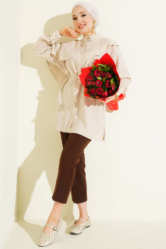 Apoletli Pelerinli Modal Gömlek Bej