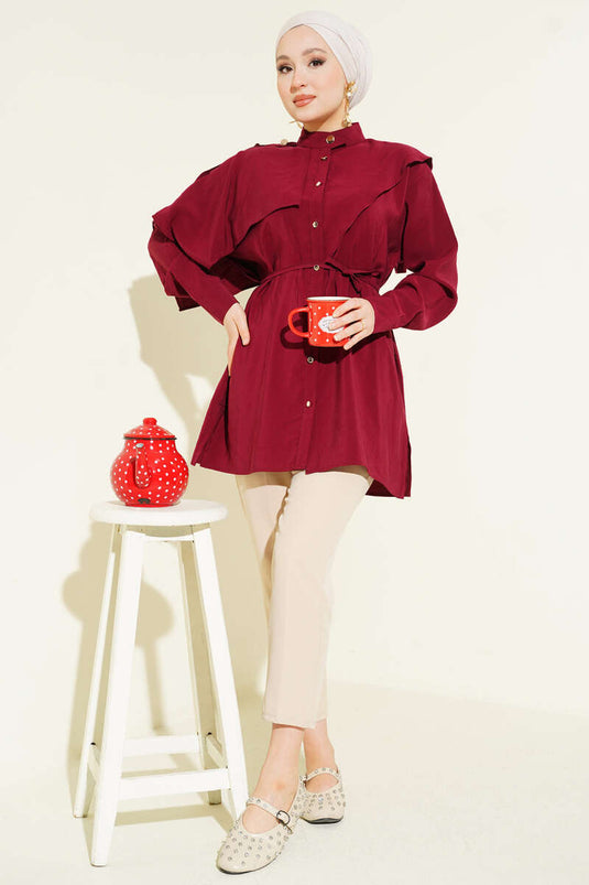 Apoletli Pelerinli Modal Gömlek Bordo