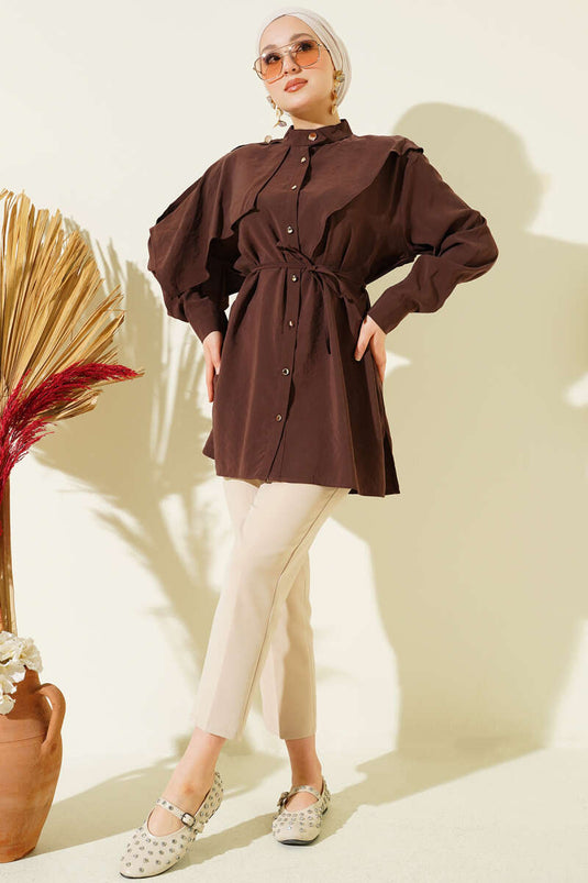 Apoletli Pelerinli Modal Gömlek Kahve