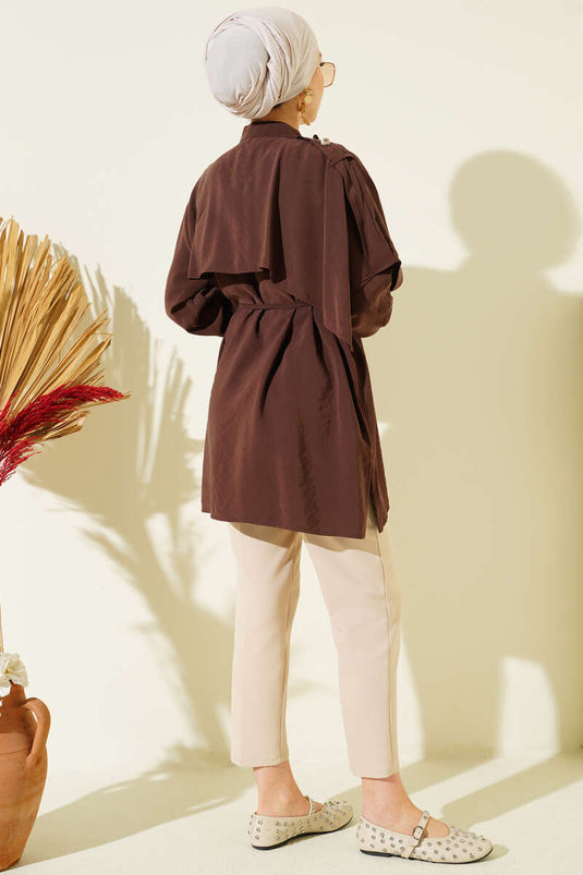 Apoletli Pelerinli Modal Gömlek Kahve