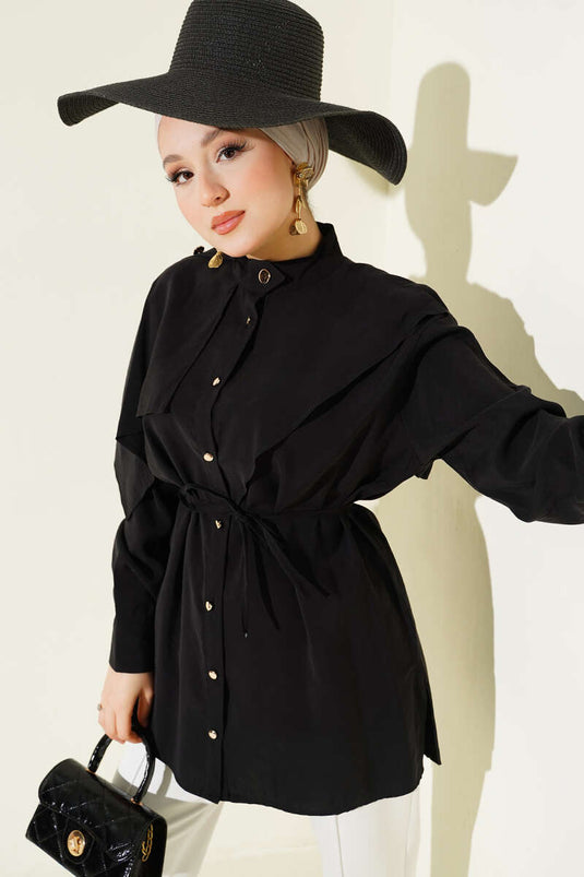 Black Modal Shirt with Epaulets and Cape